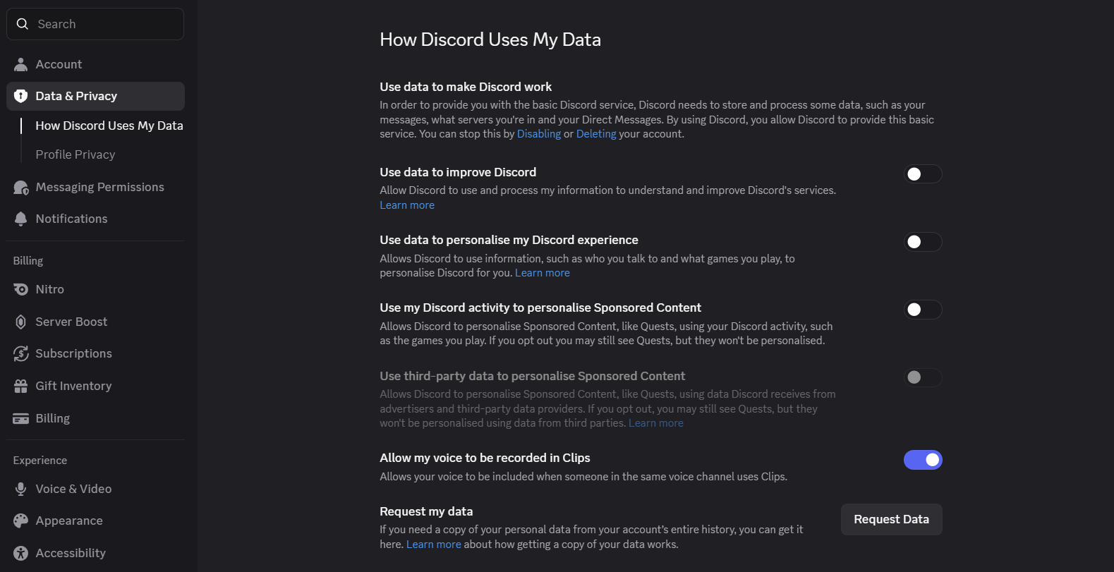 Discord Data & Privacy settings screen with Request Data button