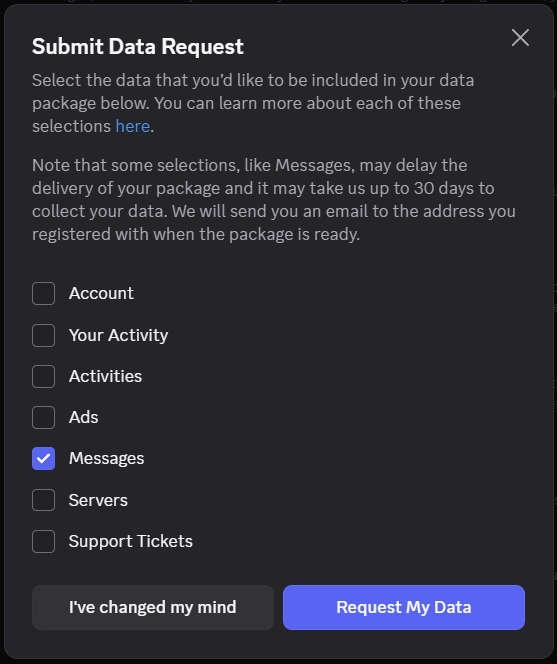Discord Submit Data Request dialog with Messages checkbox selected